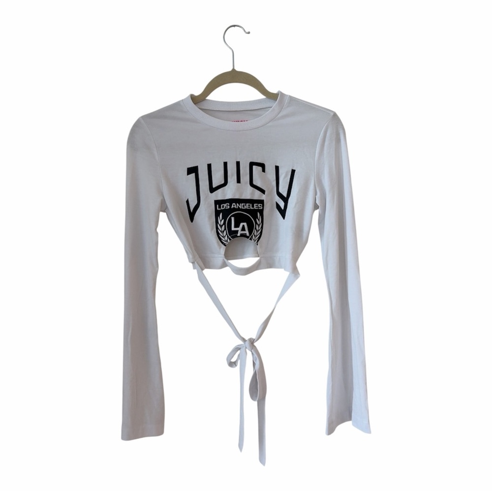 Juicy Couture Long Bell Sleeve Cut Out Wrap Crop Top NWOT Black White Shirt XS - Picture 5 of 17